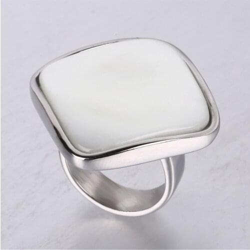 Geometric Square White Shell Ring Silver Color Stainless Steel Exaggerated Fashion Rings For Women Party Jewelry Dropshipping