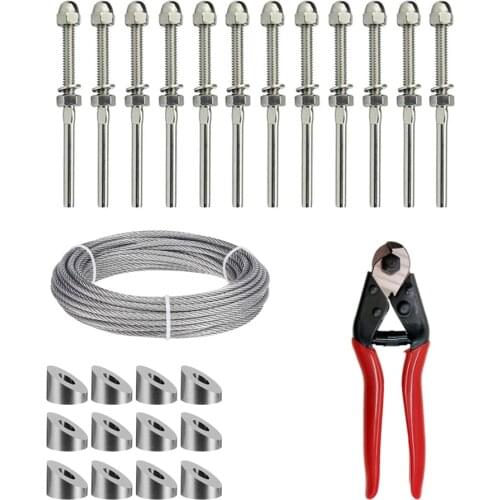 316 Stainless Steel Cable Railing Kit or Hanging Kit with 1/8" Wire Rope Threaded Swage Stud Beveled Washer and Cable Cutter
