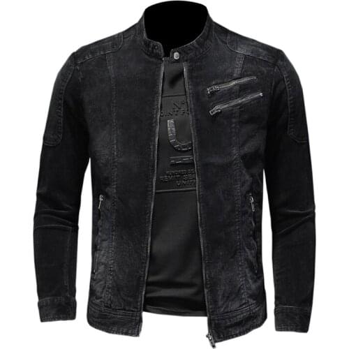 Men New vintage Black Corduroy Casual Stand-up Collar Jacket autumn Streetwear Slim Motorcycle Coat Outerwear