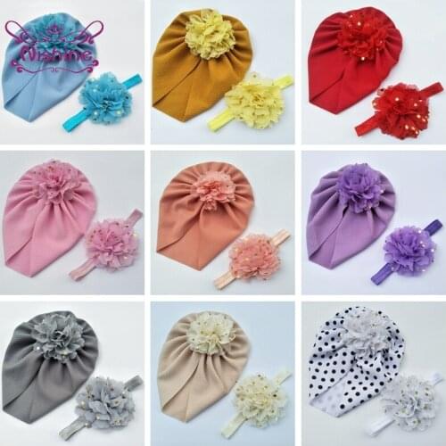Fashion Golden Dots Chiffon Flower Infant Hat and Hairband Set Comfortable Soft Baby Girls Caps Kids Accessories Birthday Gifts