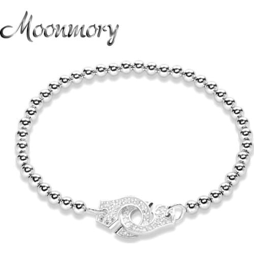 Moonmory 100% 925 Sterling Silver Crystal Handcuff Bracelet For Unisex Zircon Beads Bracelet 2021 European Pop Jewelry Menottes