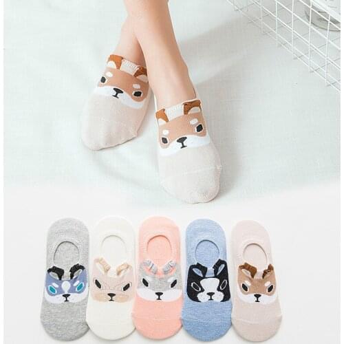 Socks Women Invisible 5 Pairs/lot Cartoon Animal Cute Funy Dog 3D Breathe Comfort Sweat-absorbent Short Cotton Ankle Socks