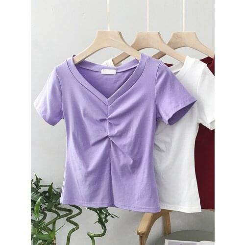 2021 New Style Purple Slim Short-sleeved High-waist T-shirt Women Ruched V-neck Crop Tops Summer Short Tees Shirts Femme Solid