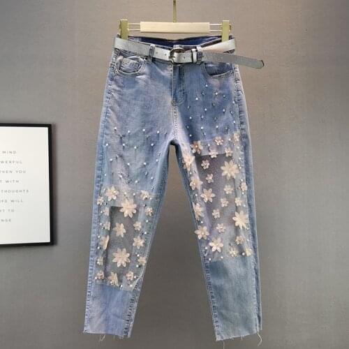 New Summer Womens Hole Jeans Elasticity High Waist Denim Cross Pants Fashion Beading Mesh Patchwork Loose Ankle-Length Trousers