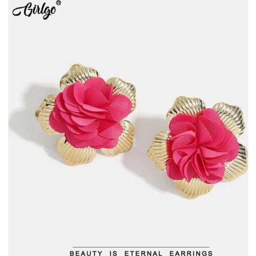 Girlgo Romantic Flower Stud Earrings for Women Korean Cute Lace Colorful Statement Earrings Wedding Jewelry Party Wholesale