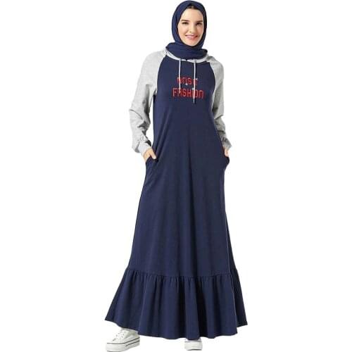 Hooded Tracksuit Long Dress Women Muslim Dubai Turkey Letter Jogging A-line Maxi Dress Sport Wear Side Pockets Islamic Clothing