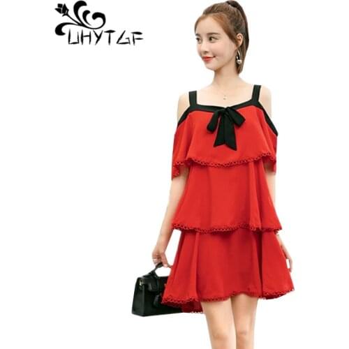 UHYTGF Women summer dress vestidos fashion strap sexy dress Ruffled black red thin party dresses off shoulder Chiffon dresses117