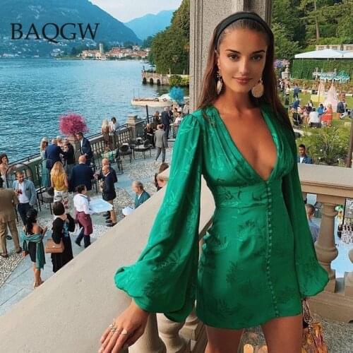 Womens Satin Mini Dresses Green Deep V Neck Botton Lantern Sleeve Slim Mini Dress Sexy Female Party Dresses Club Spring Autumn