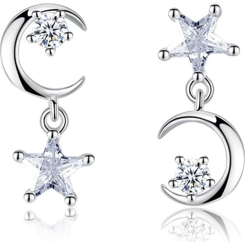 S925 Silver Earring Crystal Star Moon Stud Earring For Women Wedding Gift Lady Girl Fashion Zircon Jewelry