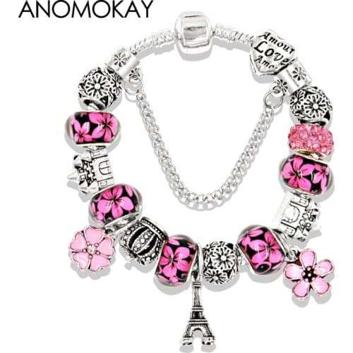 5 Colors Silver Color Paris Eiffel Tower Charm Bracelet Crystal Bead Bracelets & Bangle with Heart Flower Jewelry for Women Gift
