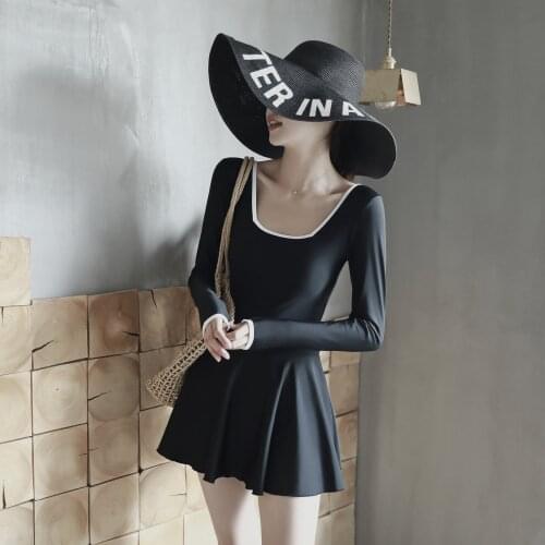 2021 New Sexy Long Sleeve Two Piece Swimsuit Women Solid Swimwear Monokini Cut Out Swim Suit Korea Bathing Suit Swimskirt