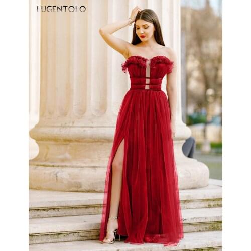 Sexy Party Dress Women Slim Sleeveless Strapless Dresses Backless Corset Split Mesh Ladies Long Dinner Dress Lugentolo