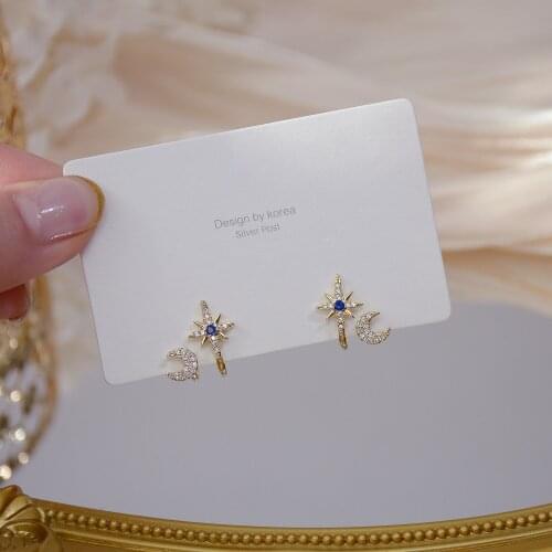 14K Real Gold Plated Fashion Jewelery Crystal Star Moon Exquisite Stud Earrings for Woman Holiday Party Elegant Earring
