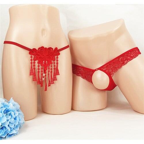 2pcs Pack CP Lovers Sex Night Men Lace Hollow Out Butterfly Shaped G-String Open Crotch Underwear Teddy Lingerie Cheeky Panties