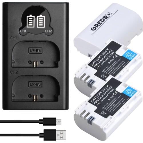 2650mAh LP-E6N LPE6 LP-E6 Battery + LP E6 Battery Charger with Type-c Port for Canon EOS 5DS R 5D Mark II 5D Mark III 6D 7D 60Da