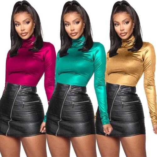 BKLD Sexy Turtleneck Long Sleeve T Shirt Women Solid Streetwear Tshirt 2019 New Spring Autumn Fashion Tops Satin T-shirt Women