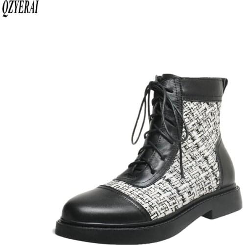 QZYERAI Riding boots Genuine leather black white Female boots lace-up Womens shoes Womens boots Autumn and winter