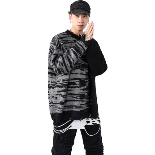 Black White Colorblock Sweaters Pullovers Mens Splash Ink Harajuku Hand Painted Destroyed Knitted Sweaters Autumn and Winter