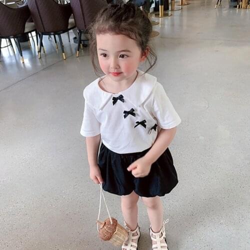 Kids Girls Clothing Set 2021 Summer White Peter Pan Collar Bow Chiffon T-shirt+Short Bud Pant Outfit Set Children Clothes Set