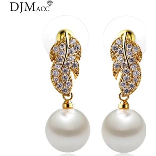 DJMACC Top Quality Fashion Jewelry Brand Gold Color Tree Leaf CZ Zircon Pearl Stud Earrings For Women (DJ0953)
