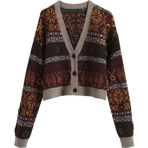 Autumn and Winter Retro Geometric Ethnic Style Knitted Cardigan Loose V-neck Long-sleeved Coat Brown Cardigan Fuzzy Cardigan