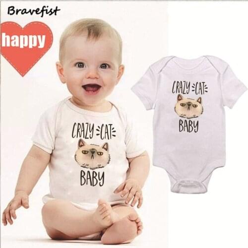 Cartoon Boys Girls Baby Clothes Newborn Bodysuits Summer Short Sleeve Infant Jumpsuits White Kids Outfits Crazy Cat Baby Onesie