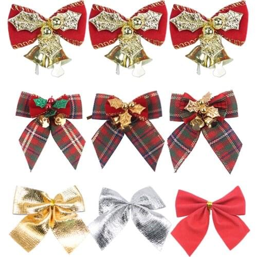 Red Christmas Bow Tie With Gold Bell Christmas Tree Hanging Decoration Pendant Xmas Party DIY Hair Bow Clips Kids New Year Gifts