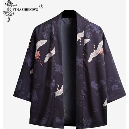 Men Japanese Kimono Traditional Unisex Harajuku Beach Loose Thin Shirt Crane Print Blouses coat Yukata Women Kimonos Cardigan