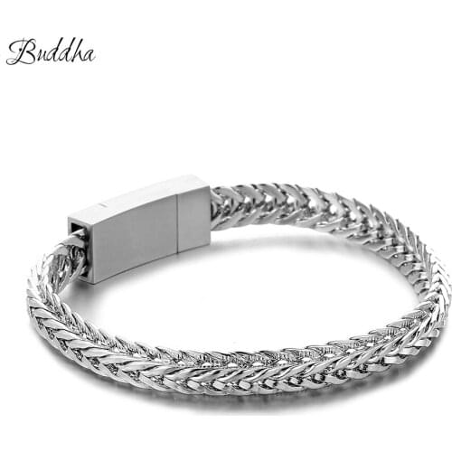 Wrist Slim Mens Bracelets Silver color Tone Hand Chain Curb Link Jewelry for Mens Gift Buddha Beacelet Pulseiras Masculinas