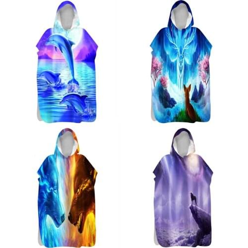 Customizable Double-Faced Fleece Animal Wolf/Lion Pattern Quick-Drying Bath Beach Towel Warm Swimming Hooded Bathrobe Cloak