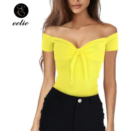 Sexy Low Cut Tops Bare Off Shoulder Shirt Bodycon Slim Fit Front Knot Elegant Shirt Plunge Women Party Clothes Solid Color Shirt