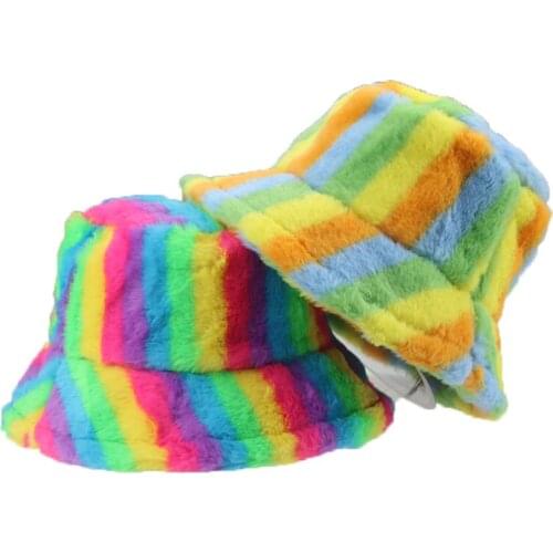 Bucket Hats Women Wide Brim Flat Top Rainbow Patchwork Winter Hats Outdoor Thicken Keep Warm Fisherman Caps Gorro Pescador