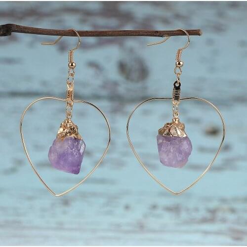 Women Natural Stone Crystal Pendant Drop Dangle Earring Exaggeration Big Love Heart Statement Hoop Earring Gold Earring Hoops