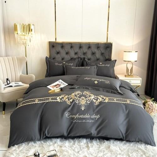 Luxury Gray 100% Cotton Royal Gold Embroidery Bedding Set Queen Double Duvet Cover Set 1.5M 1.8M Bed Fitted Sheet Set Pillowcase