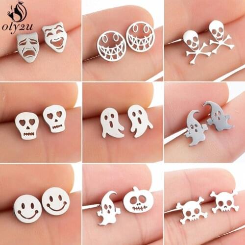 Gothic Punk Small Pirate Skull Earrings for Men Women Hip-Hop Skeleton Ghost Pumpkin Hallowmas Ear Studs Smile Face Pendientes