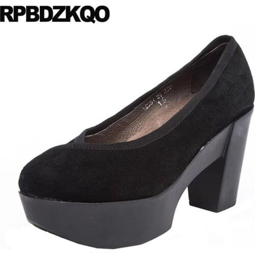 Round toe pumps suede snakeskin handmade 2018 snake black thick brown size 33 genuine leather high heels green platform shoes