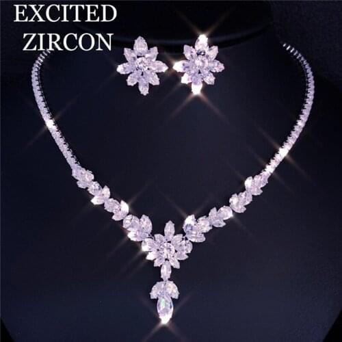 High Quality Zircon Leaf Necklace Earrings Nigeria 2 pcs Bridal Flower Jewelry Sets Women Party Gifts Conjunto de joyas