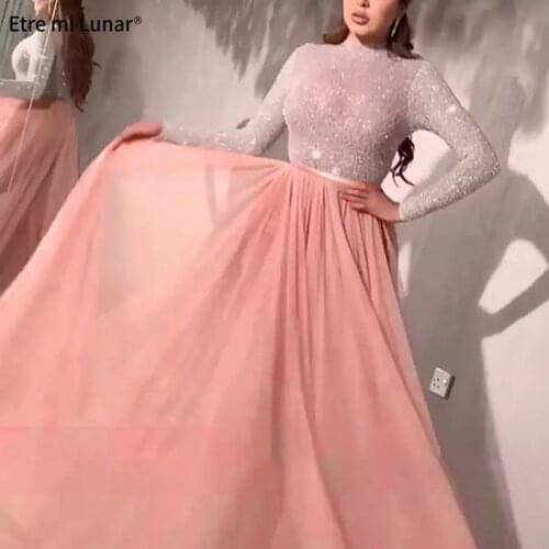Latest Design Pink High Collar A-Line Evening Dresses 2020 Long Sleeves Sequined Sexy Formal Dress LE4063