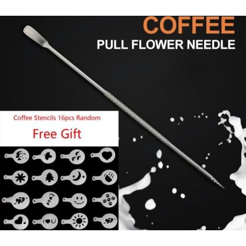 1pcs Coffee Art Needles Coffee Stick Tools Tamper Needle Espresso Barista Coffeeware With Free Gift Coffee Stencils 16pcs Random