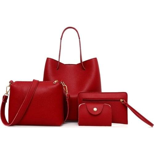 4Pcs Women Fashion Solid Color Soft Faux Leather Shoulder Bag Handbag Purse Set