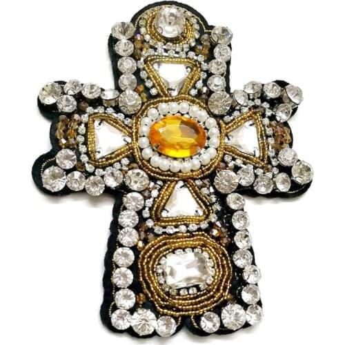 1Pcs Handmade Rhinestone Beaded Patches Cross Sew on Beaded Patch Applique for Clothing
