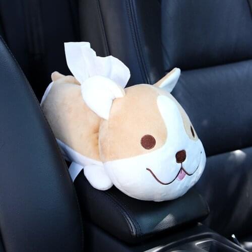 Car Tissue Box Cartoon Dog Plush Auto Tissue Holder Block-type Hanging Multi-function Tissue Box Car Styling Cute Armrest Cover