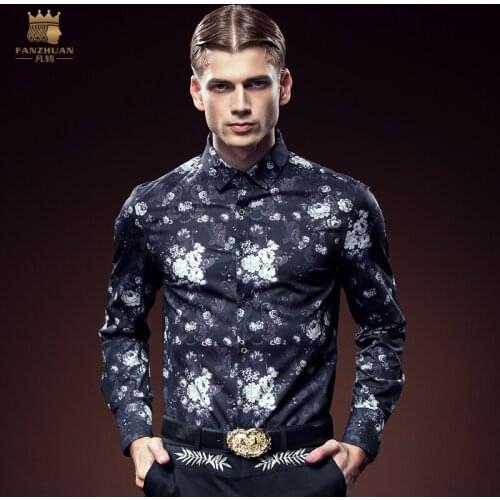 Free Shipping New Mens party 2016 autumn male fashion casual long-sleeve slim DP printed shirt floral Metrosexual 612094 onsale