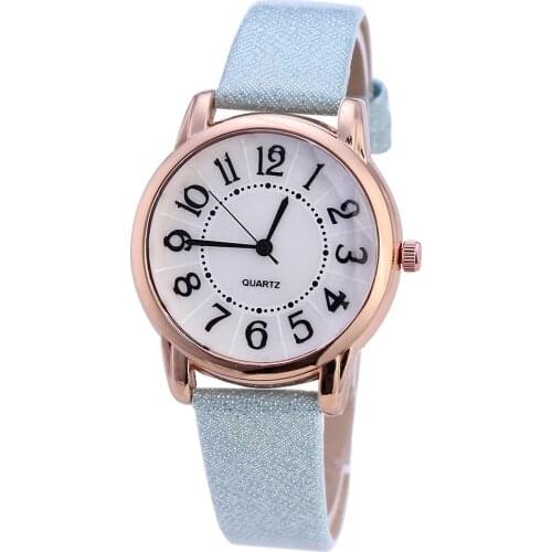 Glitter Women Faux Leather Arabic Numbers Round Dial Quartz Analog Wrist Watch women watch zegarki damskie