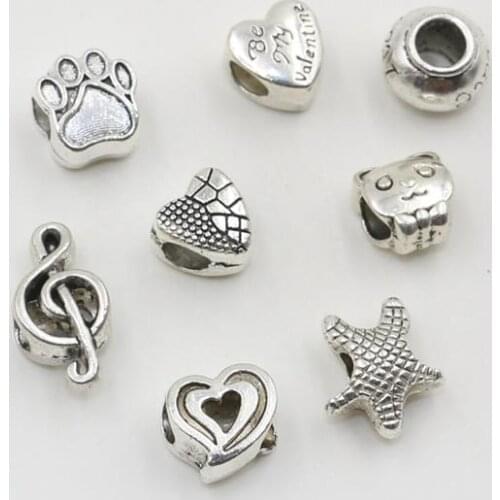 8pcs Antique Silver Plated Heart Starfish Peace Paw European Beads Fit European Charm Bracelets Jewelry Making Handmade DIY