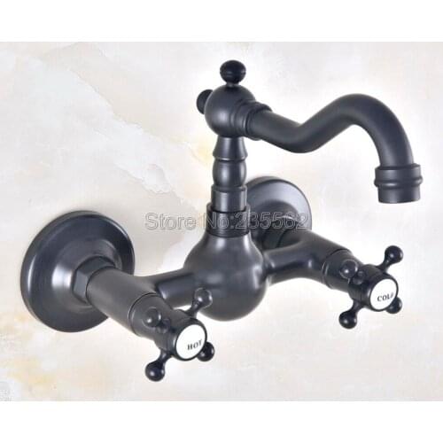 Oil Rubbed Brass 360 Swivel Spout Kitchen Faucet Wall Mount Sink and Basin Mixer Tap Dual Handle Cold Hot Water Faucets Lnf470