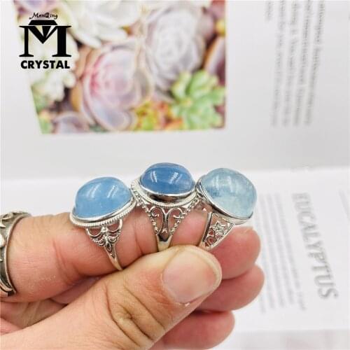 Big Gemstone Crystal Ring For Women Natural Aquamarine Stone Ring Round Beads Jump Rings Blue Quartz Jewelry