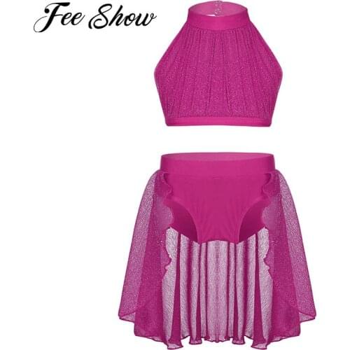 2PCS Kids Girls Outfit Sleeveless Mock Neck Crop Top with Tutu Skirts Set for Celebration of Spirit Praise Lyrical Dance