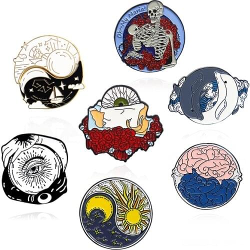 Round Badge sunlight moon brain Sailboat stars dolphin eye Enamel Brooch Skeleton hugs flower Custom pins
