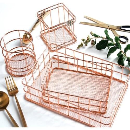 4 Styles Rose Gold Metal Storage Basket Cosmetic Organizer Holder Office Desk Kitchen Bathroom Shelf Home Decoration Accessories